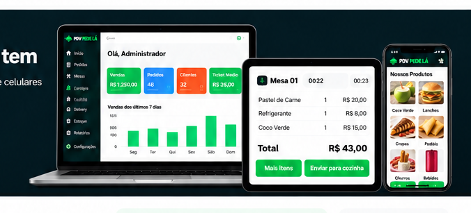 Sistema PDV Pede Lá em notebook, tablet e celular